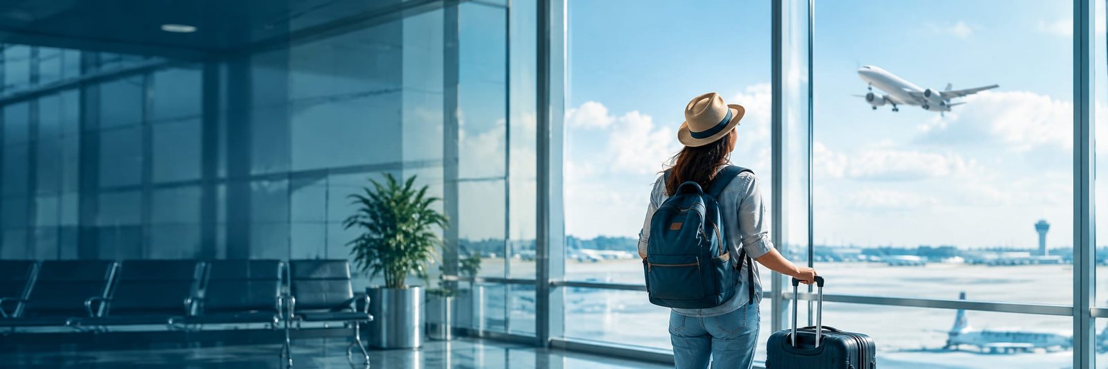 Traveller with a suitcase watching an aeroplane at an airport window