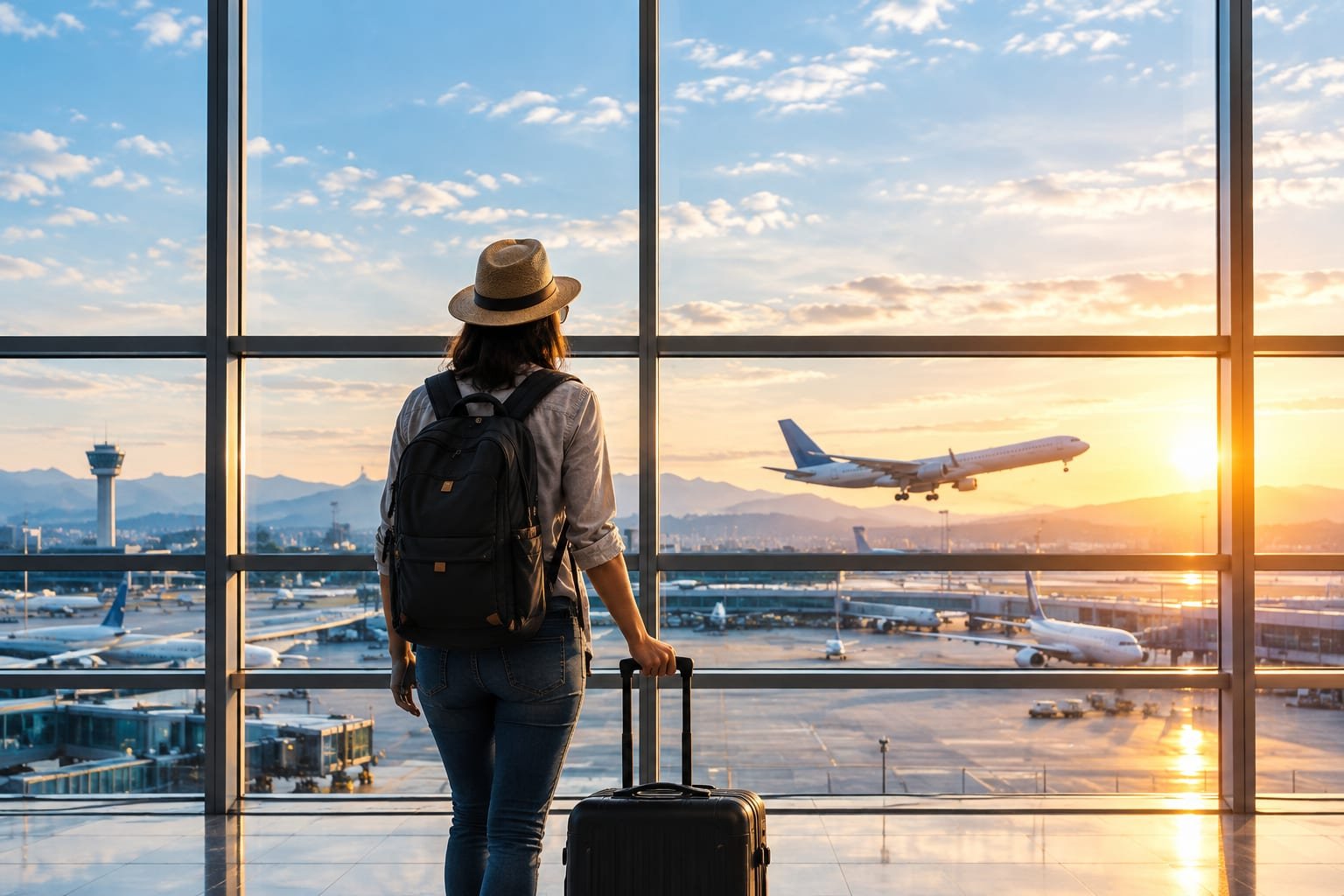 Traveller looking out of an airport window