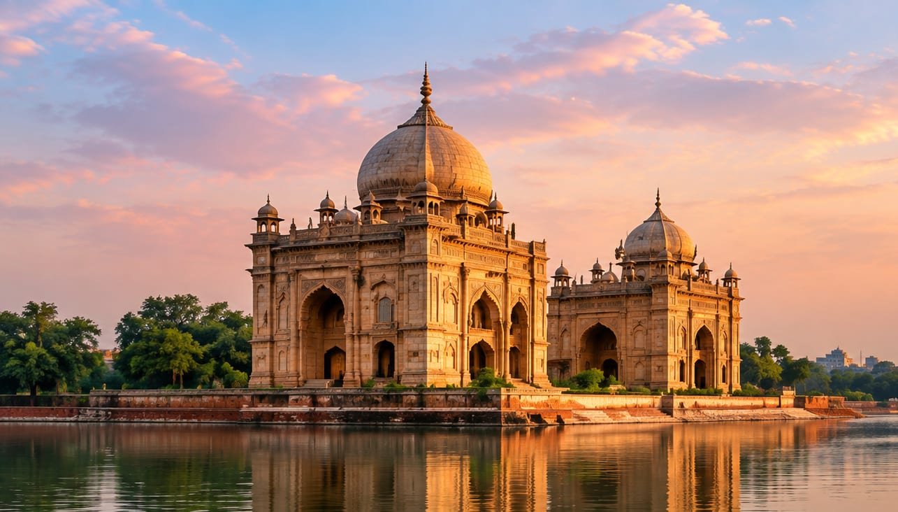 Heritage monument on a lake at sunset in India