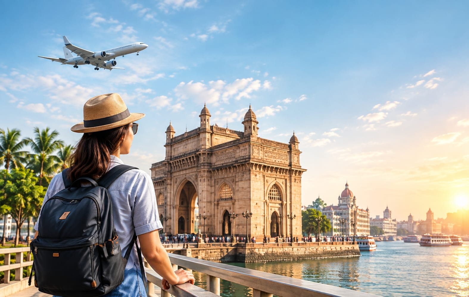 Traveller looking at the Gateway of India with an aeroplane overhead